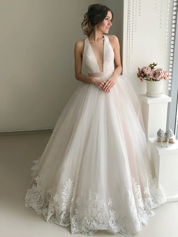 Ball Gown V-neck Tulle Court Train Wedding Dresses With Appliques Lace #Milly00023940