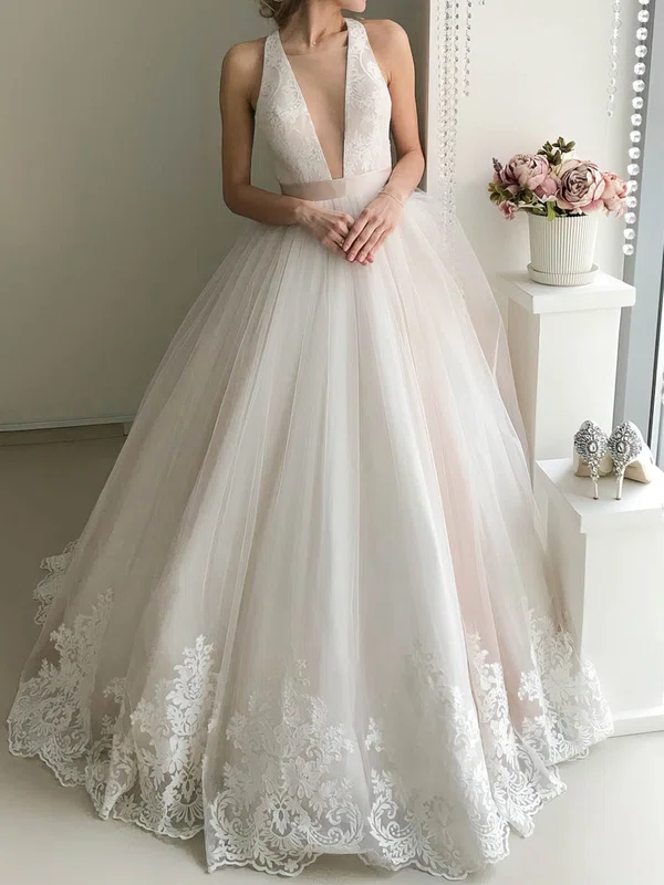 Ball Gown V-neck Tulle Court Train Wedding Dresses With Appliques Lace #Milly00023940