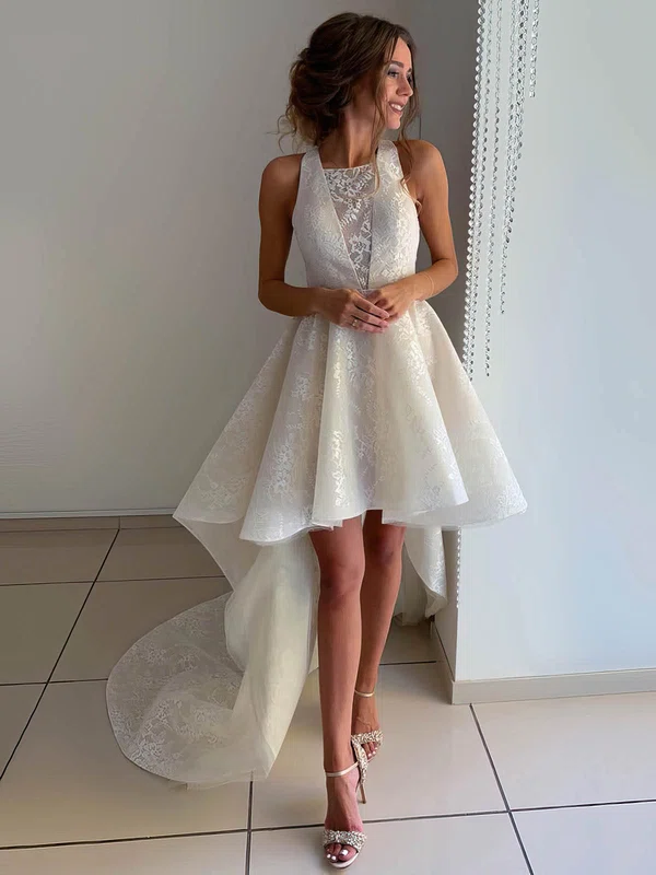 A-line Square Neckline Lace Asymmetrical Wedding Dresses #Milly00023941