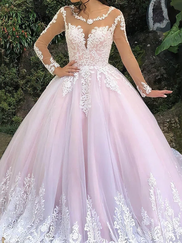 Ball Gown/Princess Illusion Tulle Court Train Wedding Dresses With Appliques Lace #Milly00023942