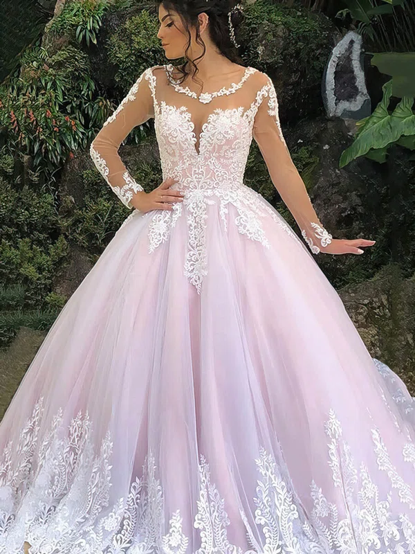 Ball Gown Illusion Tulle Court Train Wedding Dresses With Appliques Lace #Milly00023942