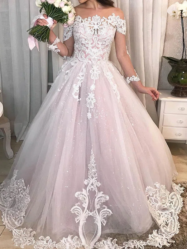 Ball Gown/Princess Illusion Glitter Sweep Train Wedding Dresses With Appliques Lace #Milly00023944