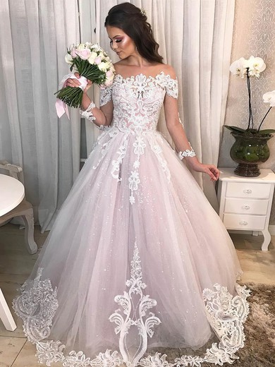 Ball Gown Scoop Neck Glitter Sweep Train Appliques Lace Wedding Dresses #Milly00023944