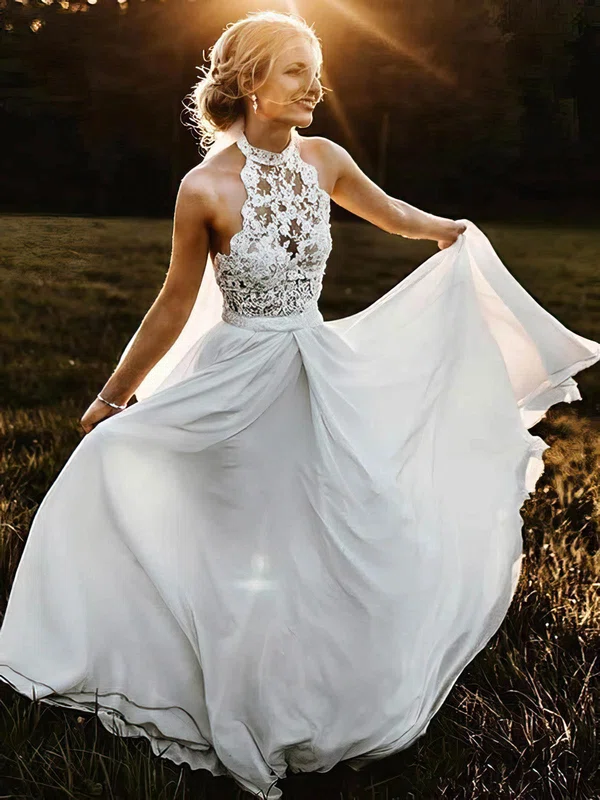 A-line High Neck Lace Chiffon Sweep Train Wedding Dresses With Sashes / Ribbons #Milly00023947