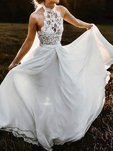 A-line High Neck Lace Chiffon Sweep Train Wedding Dresses With Sashes / Ribbons #Milly00023947