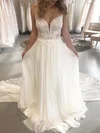 A-line V-neck Chiffon Court Train Wedding Dresses With Appliques Lace #Milly00023948