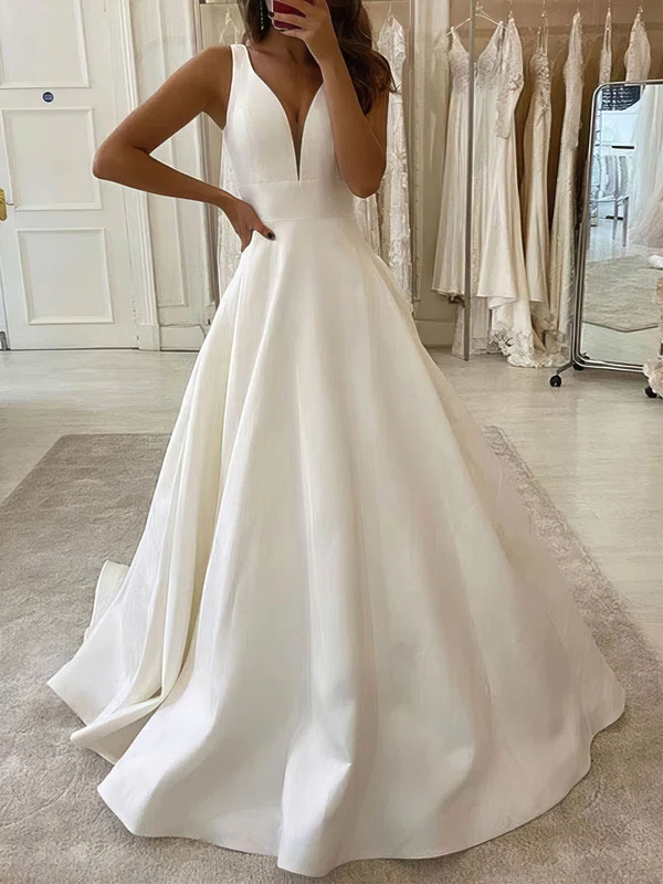 Ball Gown/Princess V-neck Satin Sweep Train Wedding Dresses #Milly00023951