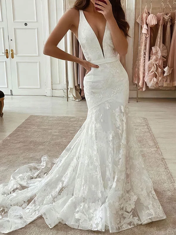 Trumpet/Mermaid V-neck Tulle Sweep Train Appliques Lace Wedding Dresses #Milly00023953