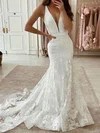 Trumpet/Mermaid V-neck Tulle Sweep Train Appliques Lace Wedding Dresses #Milly00023953