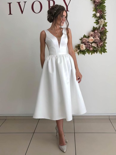 Ball Gown V-neck Satin Tea-length Wedding Dresses #Milly00023954