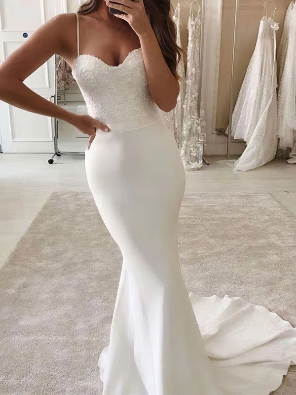 Trumpet/Mermaid Sweetheart Stretch Crepe Sweep Train Appliques Lace Wedding Dresses #Milly00023955