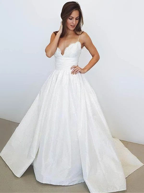 Ball Gown V-neck Satin Court Train Wedding Dresses With Appliques Lace #Milly00023956