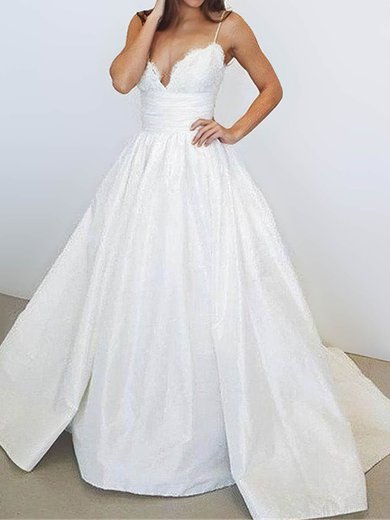 Ball Gown/Princess V-neck Satin Court Train Wedding Dresses With Appliques Lace #Milly00023956