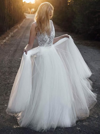 A-line V-neck Tulle Floor-length Appliques Lace Wedding Dresses #Milly00023957