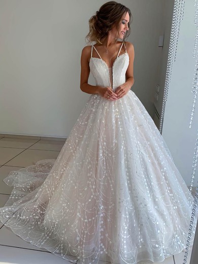 Ball Gown V-neck Glitter Court Train Wedding Dresses With Appliques Lace #Milly00023958