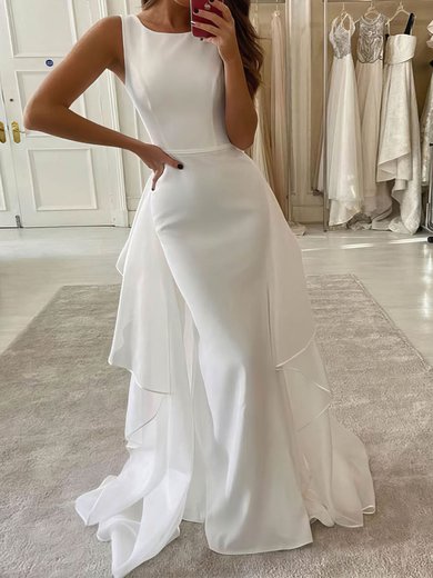 Trumpet/Mermaid Square Neckline Chiffon Stretch Crepe Sweep Train Cascading Ruffles Wedding Dresses #Milly00023959