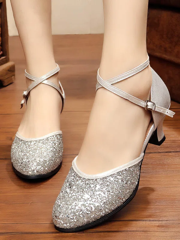 Women's Closed Toe Sparkling Glitter Buckle Kitten Heel Dance Shoes #Milly03031065