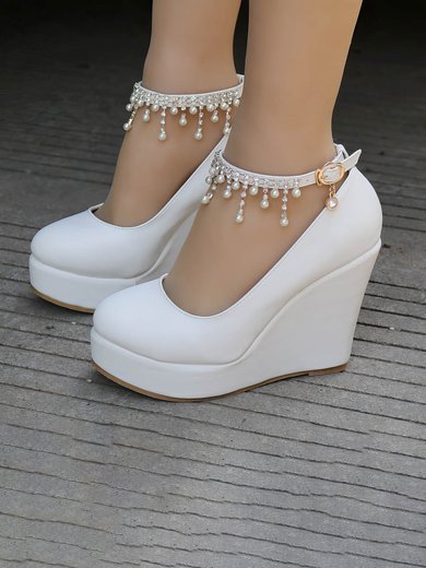 Women's Closed Toe PVC Buckle Wedge Heel Wedding Shoes #Milly03031137