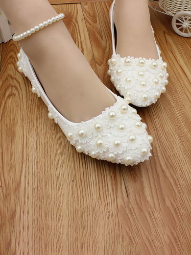 Women's Closed Toe Patent Leather Imitation Pearl Flat Heel Wedding Shoes #Milly03031178