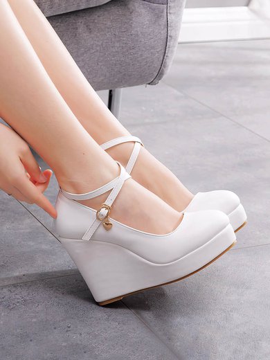 Women's Closed Toe Leatherette Buckle Wedge Heel Wedding Shoes #Milly03031202
