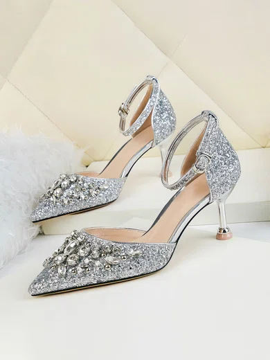 Women's Closed Toe Sparkling Glitter Rhinestone Stiletto Heel Wedding Shoes #Milly03031355