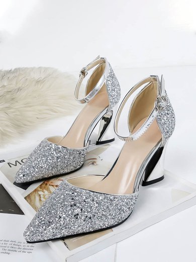 Women's Closed Toe Sparkling Glitter Buckle Chunky Heel Wedding Shoes #Milly03031360