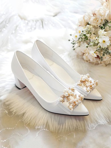Women's Pumps Satin Pearl Chunky Heel Wedding Shoes #Milly03031390