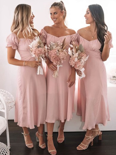 A-line Off-the-shoulder Chiffon Tea-length Bridesmaid Dresses #Milly01013933