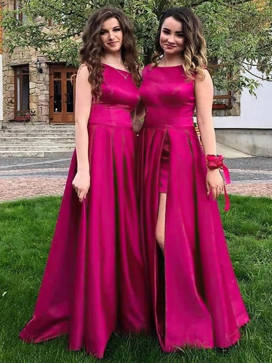 A-line Scoop Neck Satin Sweep Train Split Front Bridesmaid Dresses #Milly01013954