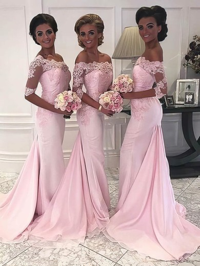 Trumpet/Mermaid Off-the-shoulder Chiffon Sweep Train Appliques Lace Bridesmaid Dresses #Milly01013956