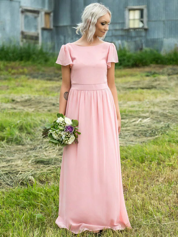 A-line Scoop Neck Chiffon Sweep Train Bridesmaid Dresses #Milly01013958
