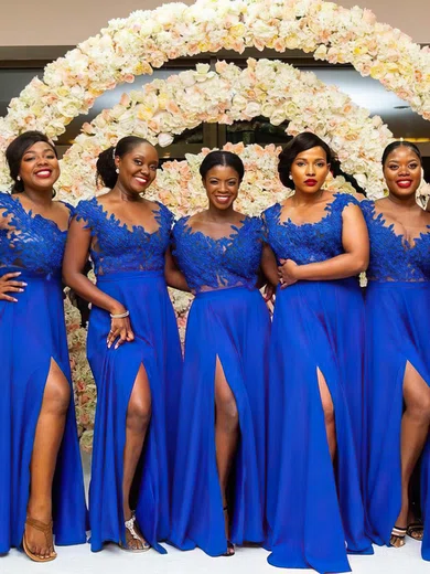 A-line Scoop Neck Satin Sweep Train Beading Bridesmaid Dresses #Milly01013962