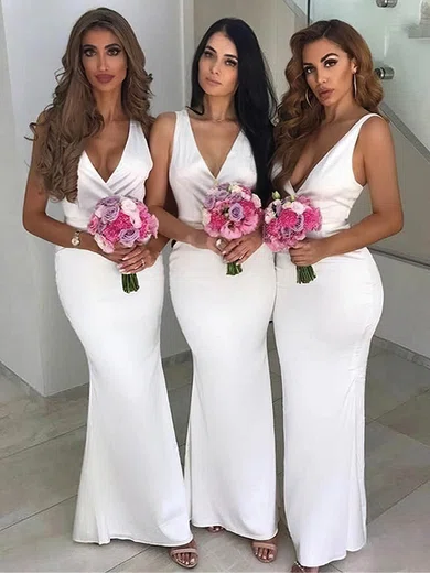 Sheath/Column V-neck Silk-like Satin Sweep Train Bridesmaid Dresses #Milly01013970