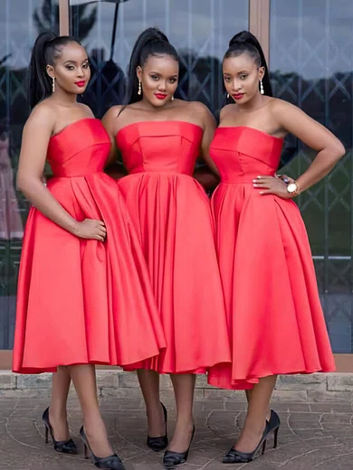 A-line Strapless Satin Tea-length Bridesmaid Dresses #Milly01013983