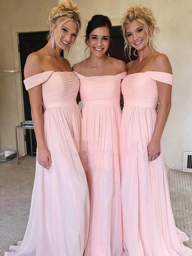 A-line Off-the-shoulder Chiffon Sweep Train Split Front Bridesmaid Dresses #Milly01013986