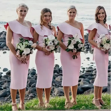 Trumpet/Mermaid One Shoulder Stretch Crepe Tea-length Bridesmaid Dresses #Milly01013995