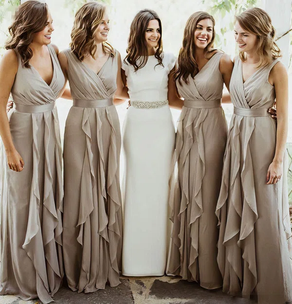 A-line V-neck Chiffon Floor-length Cascading Ruffles Bridesmaid Dresses #Milly01013996