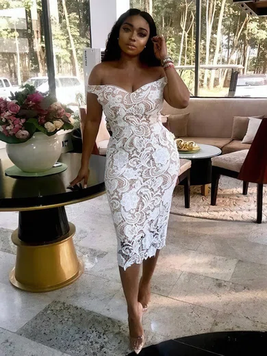 Sheath/Column Off-the-shoulder Lace Knee-length Bridesmaid Dresses #Milly01014000