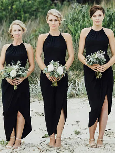 Sheath/Column Halter Chiffon Asymmetrical Bridesmaid Dresses #Milly01014001