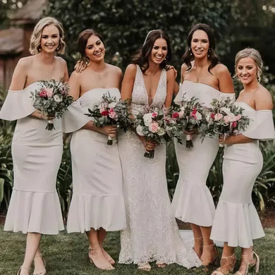 Trumpet/Mermaid Off-the-shoulder Silk-like Satin Tea-length Bridesmaid Dresses #Milly01014015