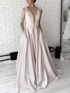 A-line V-neck Satin Sweep Train Bow Bridesmaid Dresses #Milly01014017