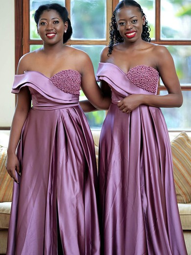 A-line Off-the-shoulder Satin Sweep Train Split Front Bridesmaid Dresses #Milly01014018