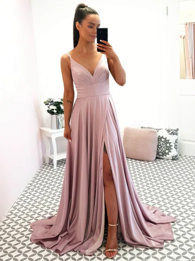 A-line V-neck Silk-like Satin Sweep Train Split Front Bridesmaid Dresses #Milly01014028