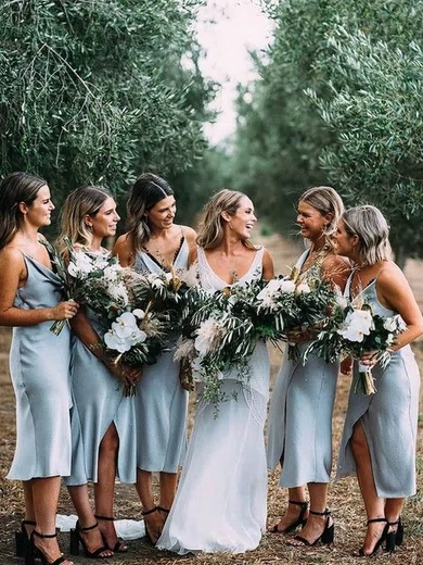 Trumpet/Mermaid Cowl Neck Silk-like Satin Tea-length Split Front Bridesmaid Dresses #Milly01014038