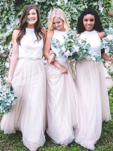 A-line Scoop Neck Lace Tulle Sweep Train Bridesmaid Dresses #Milly01014040