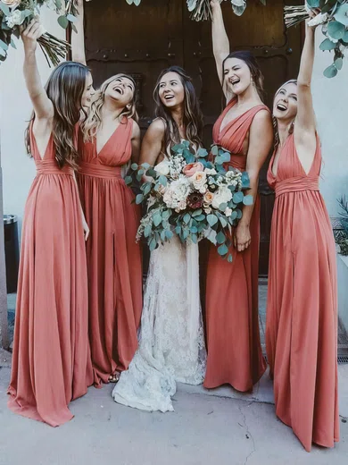 A-line V-neck Silk-like Satin Sweep Train Bridesmaid Dresses #Milly01014063