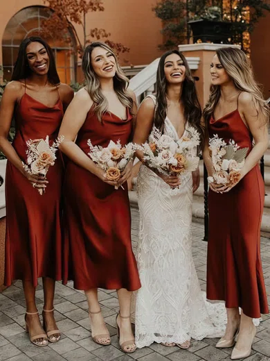 Sheath/Column Cowl Neck Silk-like Satin Tea-length Bridesmaid Dresses #Milly01014066
