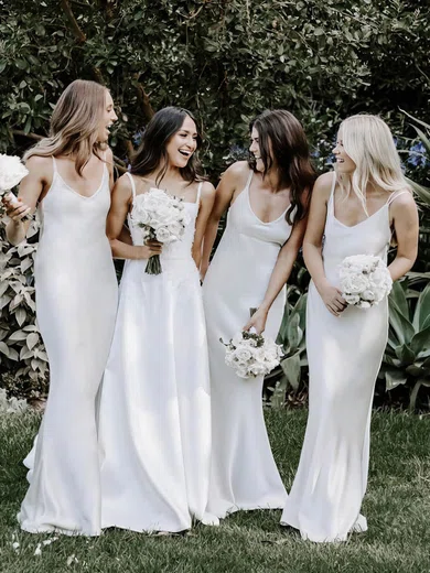 Trumpet/Mermaid V-neck Silk-like Satin Sweep Train Bridesmaid Dresses #Milly01014069