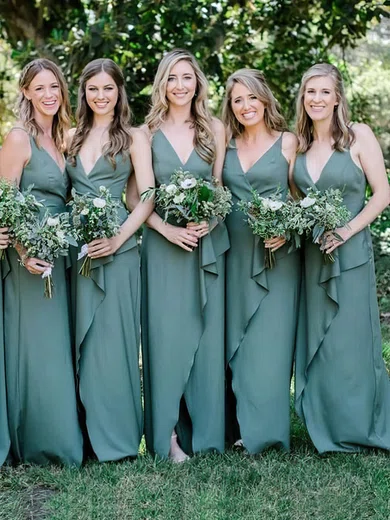 A-line V-neck Silk-like Satin Sweep Train Split Front Bridesmaid Dresses #Milly01014072