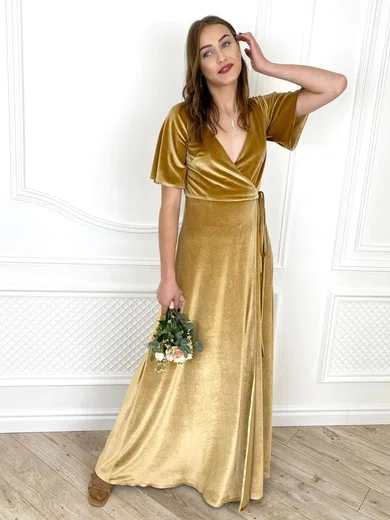 A-line V-neck Velvet Floor-length Split Front Bridesmaid Dresses #Milly01014073